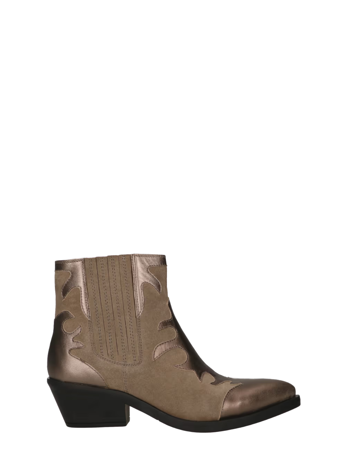 Maruti Tessy Taupe Western Leather Boots against a white background. Side shot of single boot showcasing the western leather pattern and the elastic panel.
