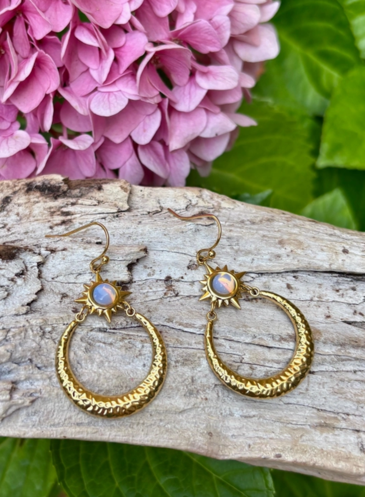 Ocean Ripples 18ct Gold Plated Opal Sun and Moon Drop Earrings