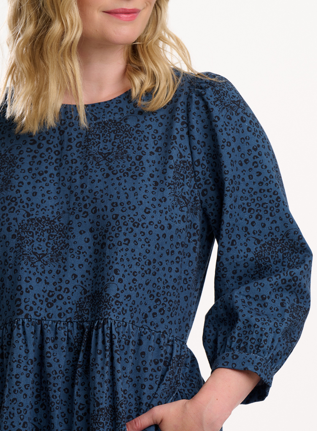 Maria Midi Smock Dress in Petrol Navy, Hidden Leopard from Sugarhill