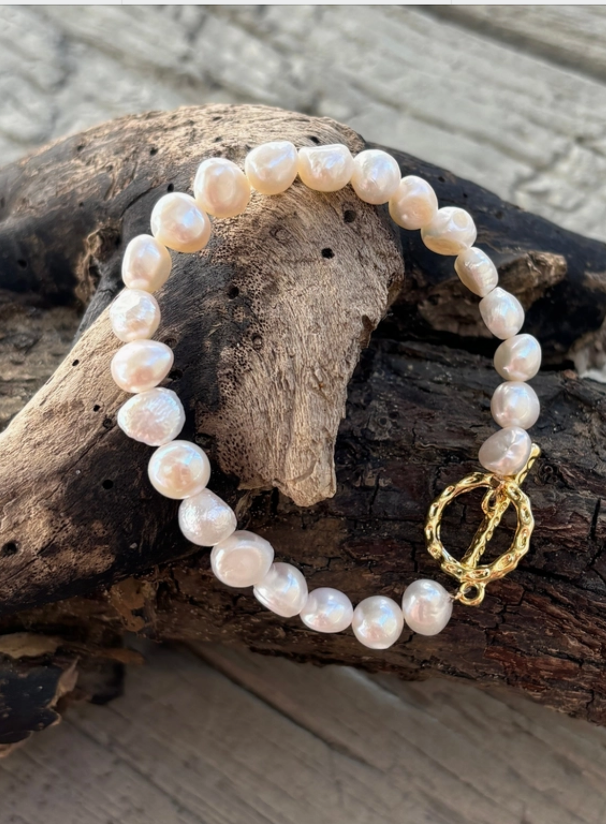 Ocean Ripples 14ct Gold Plated Fresh Water Pearl T-Bar Bracelet