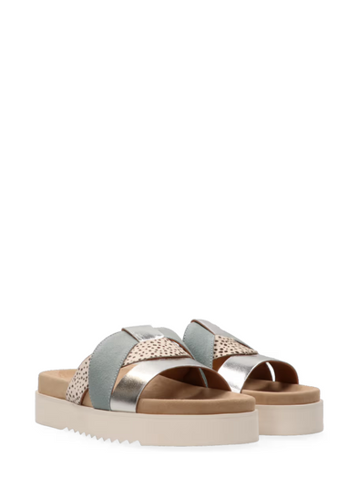 Bari Leather Sandals in Pixel Off White/Blue&Silver from Maruti