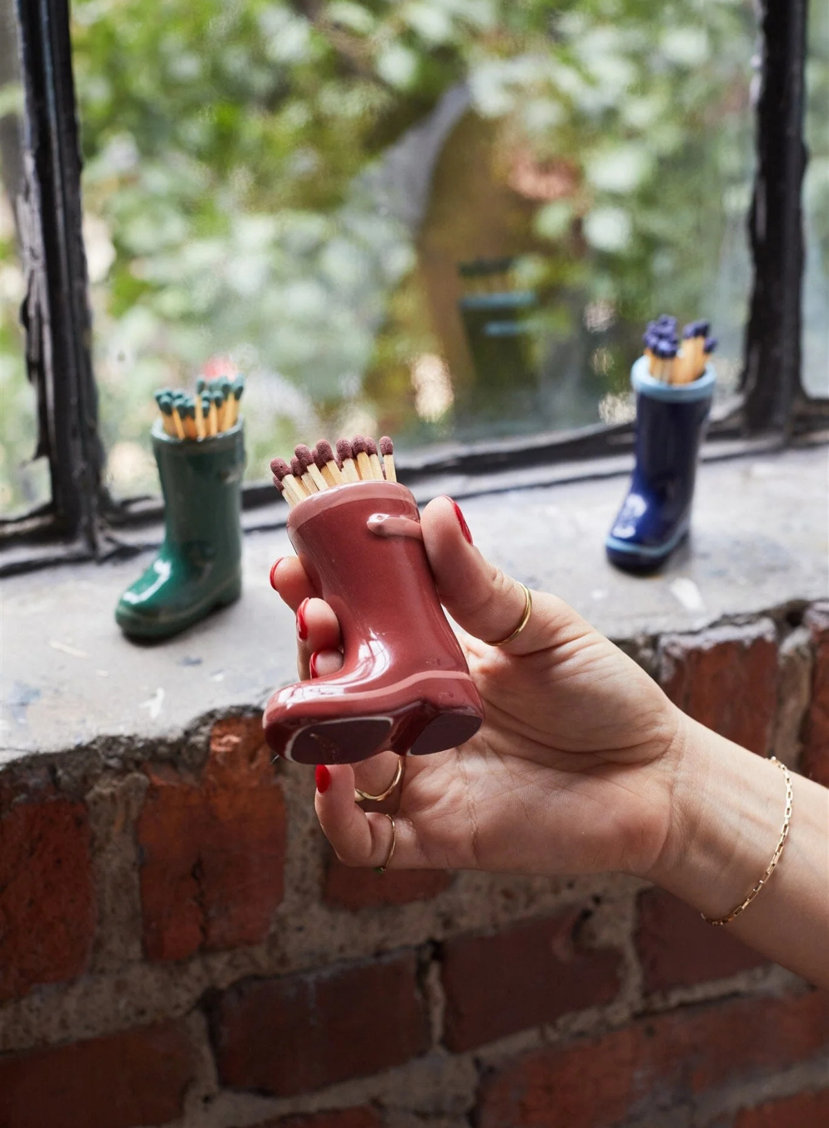 Wellington Boot Match Holder W/Matches Dark & Light Red from Paddywax