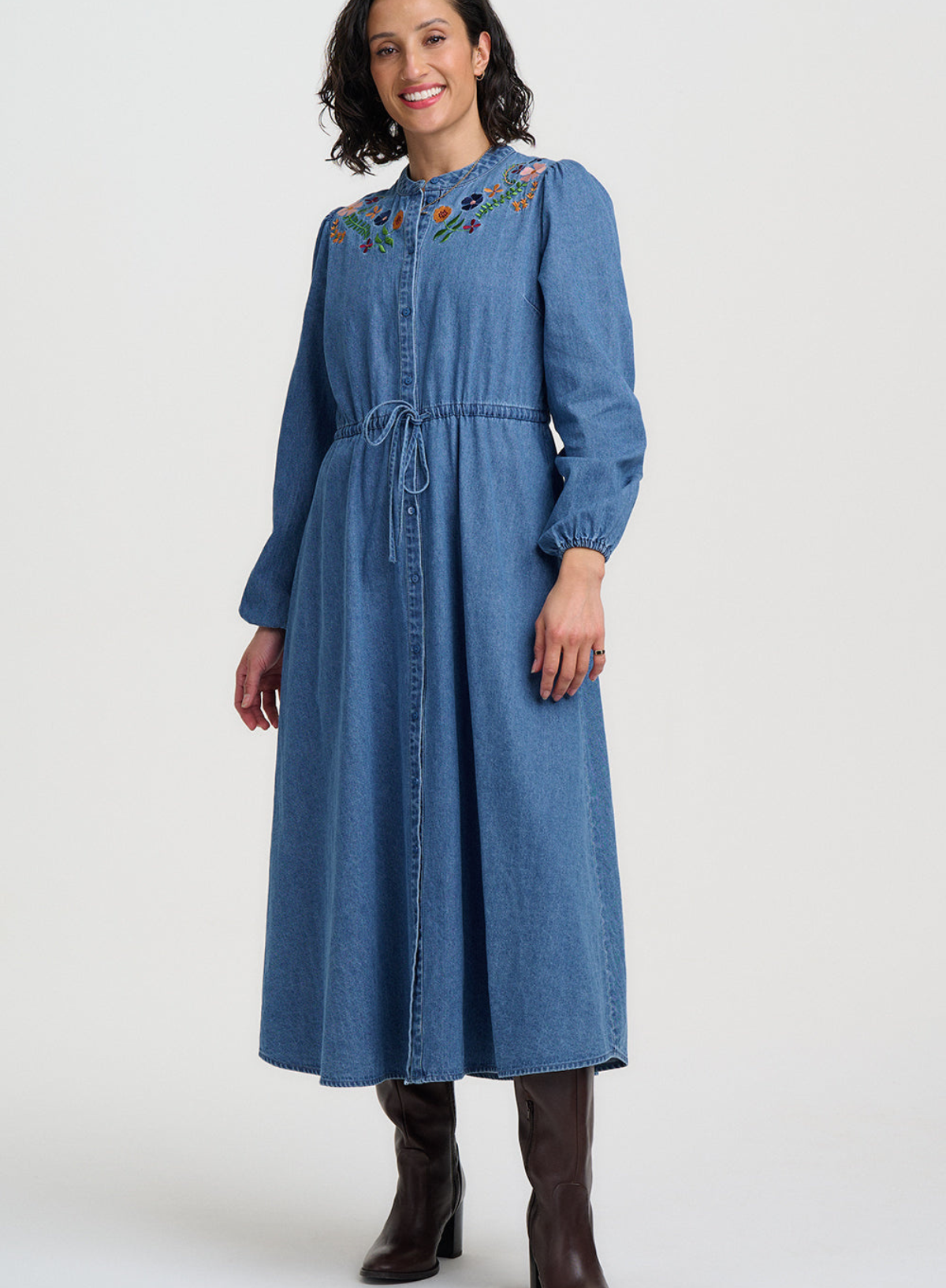 SugarhillI Ivana Midi Shirt Dress in Mid Blue Autumn Floral