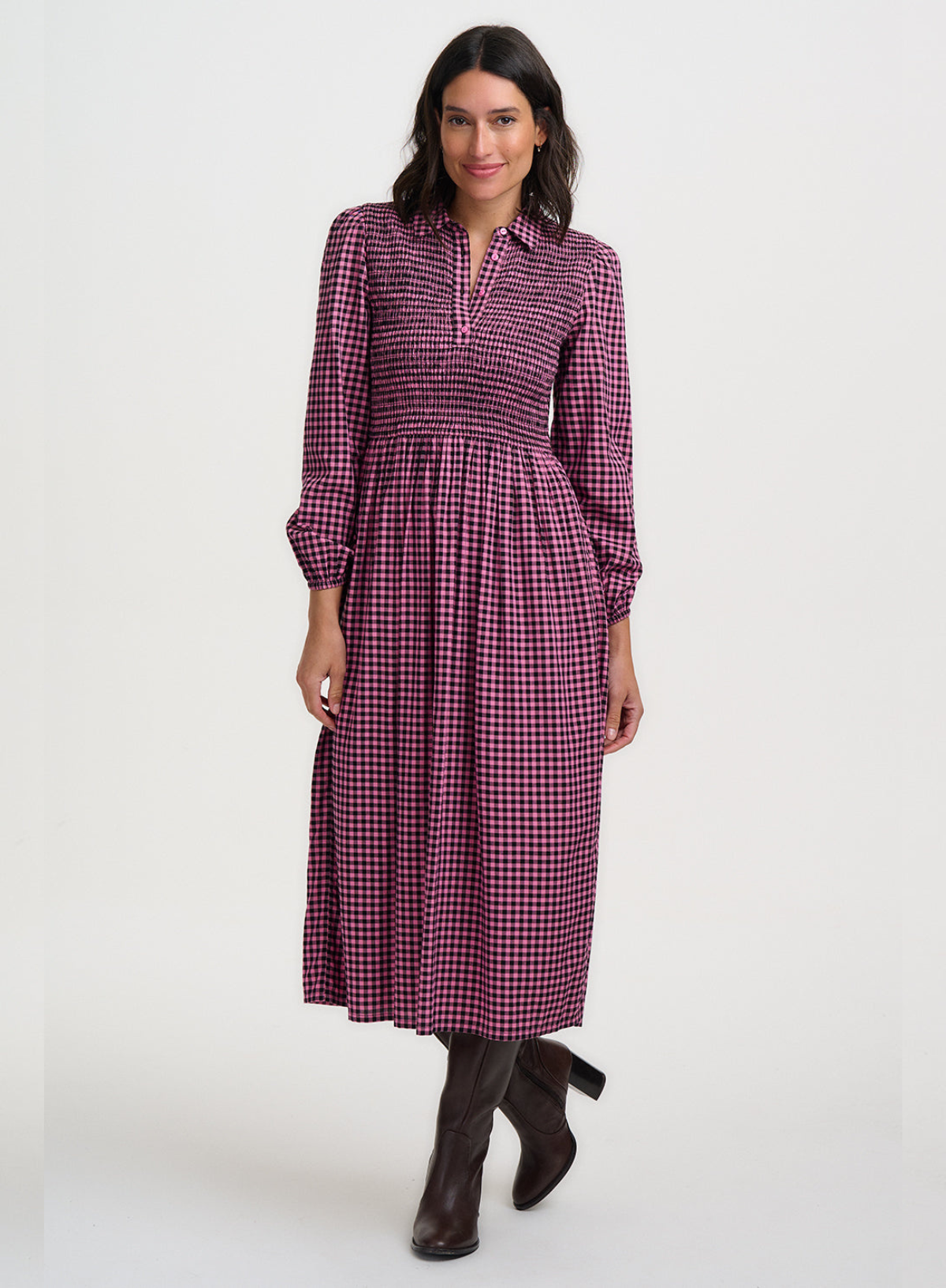 SugarhillI Diana Shirred Midi Dress in Rose Micro Gingham