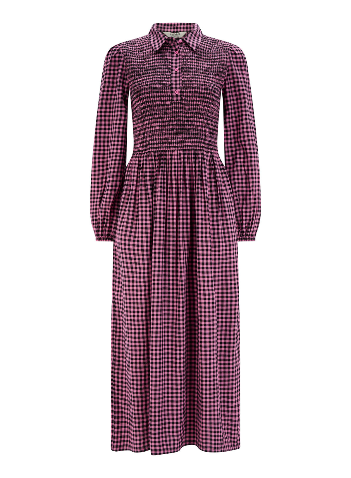 SugarhillI Diana Shirred Midi Dress in Rose Micro Gingham