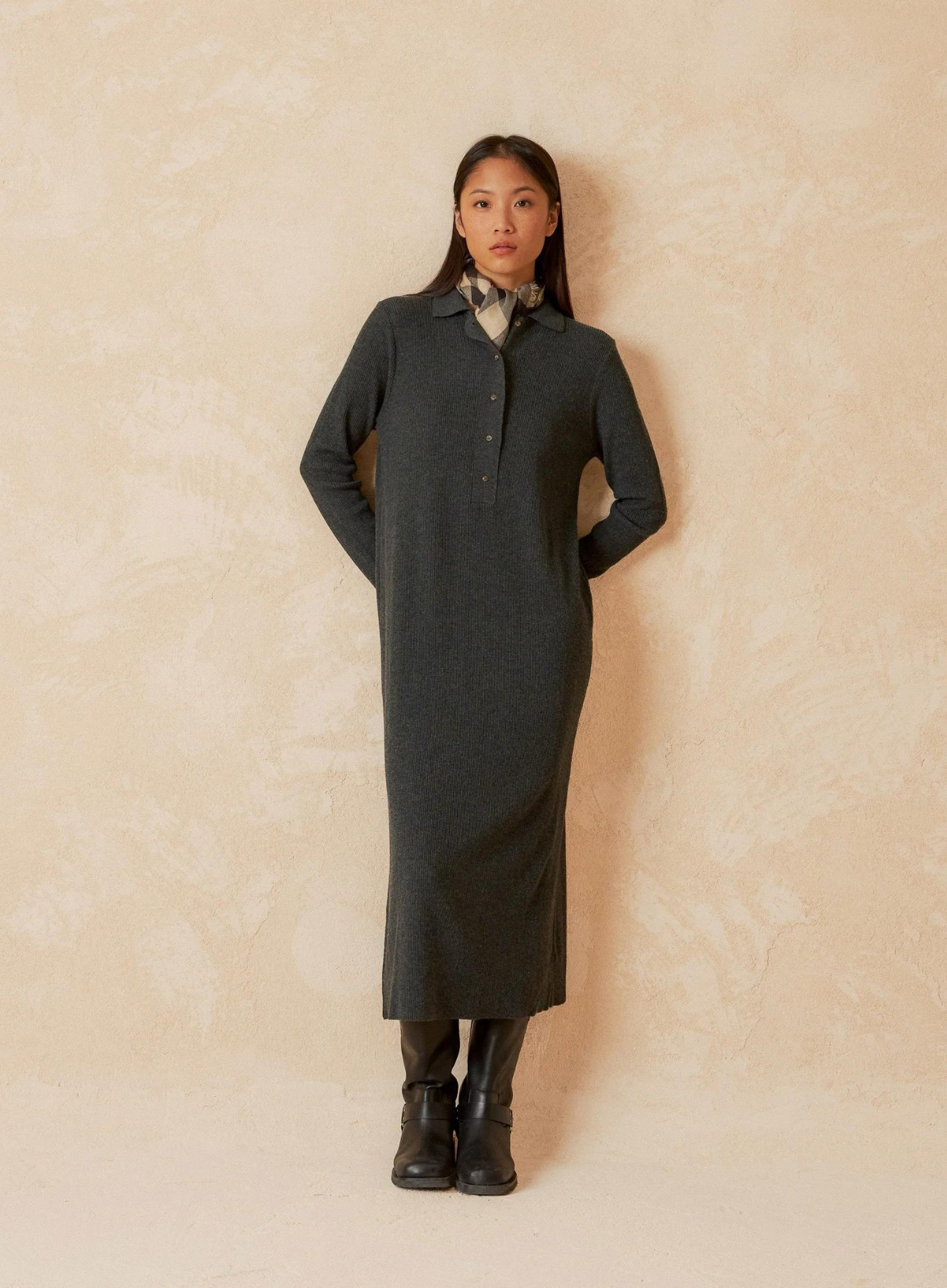 Indi & Cold Button Front Collared Jumper Dress in Grey