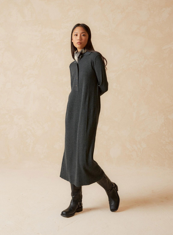 Button Front Collared Jumper Dress in Grey from Indi & Cold