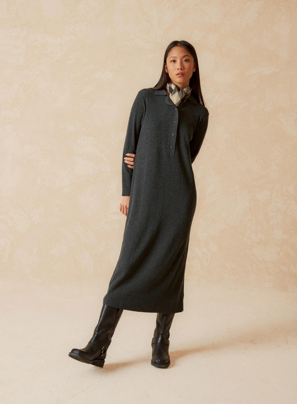 Button Front Collared Jumper Dress in Grey from Indi & Cold