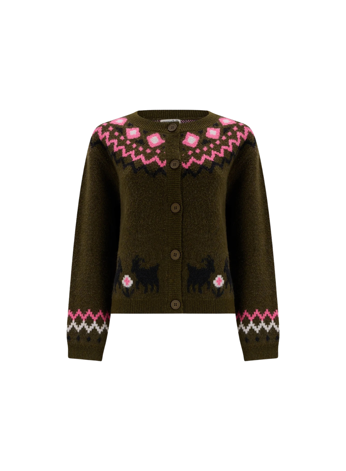 SugarhillI Olana Cardigan in Olive Goat Meadow Fairisle