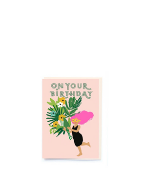 Girl with Giant Bunch of Flowers Birthday Card from Noi