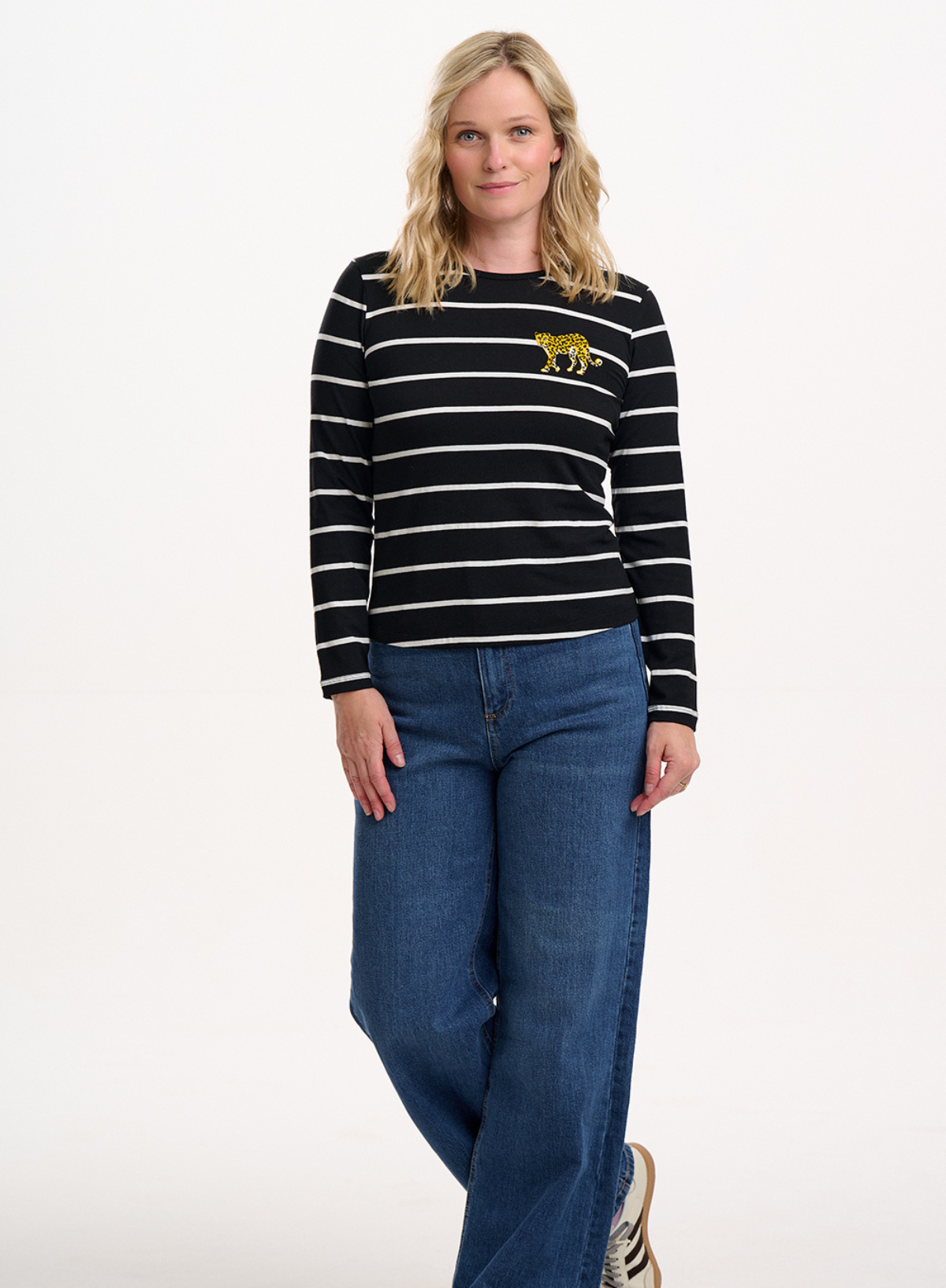 Josie Jersey Top in Black/White, Stripe Leopard from Sugarhill