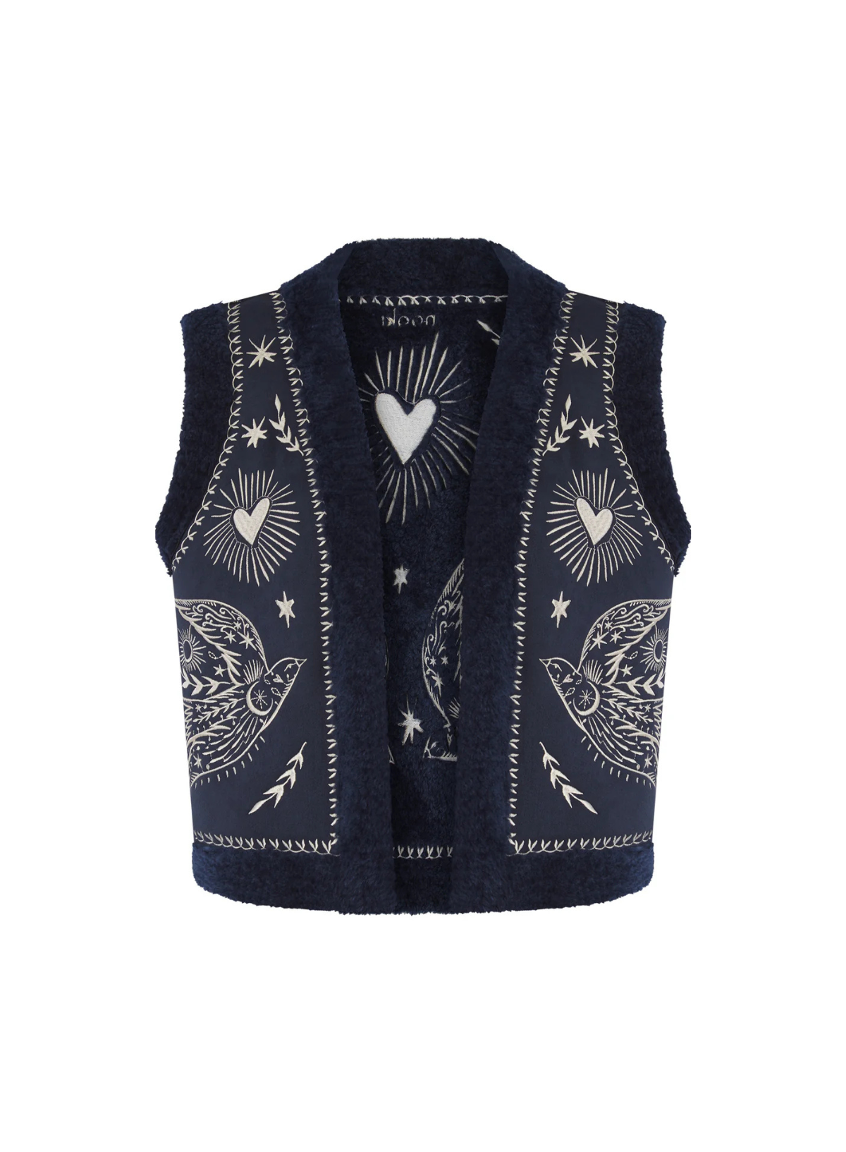 Free Bird Embroidered Faux Shearling Gilet in Navy from Nooki