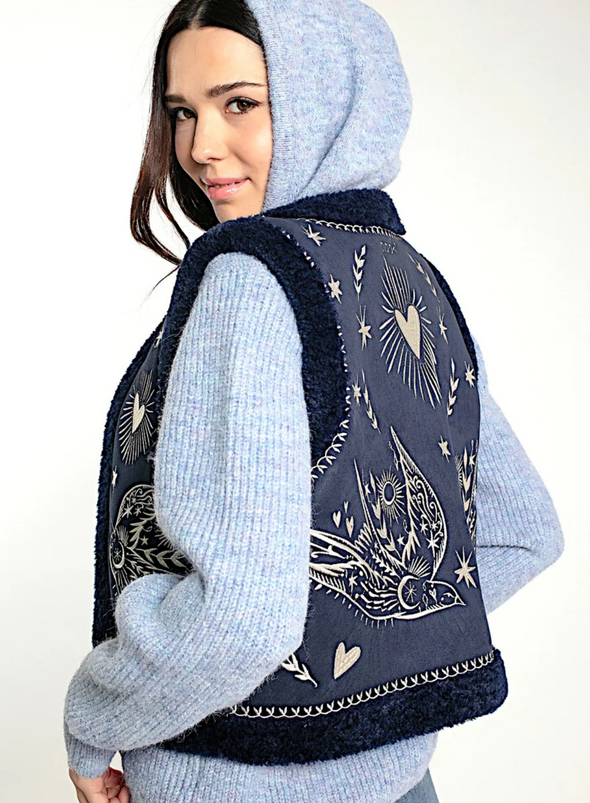 Free Bird Embroidered Faux Shearling Gilet in Navy from Nooki