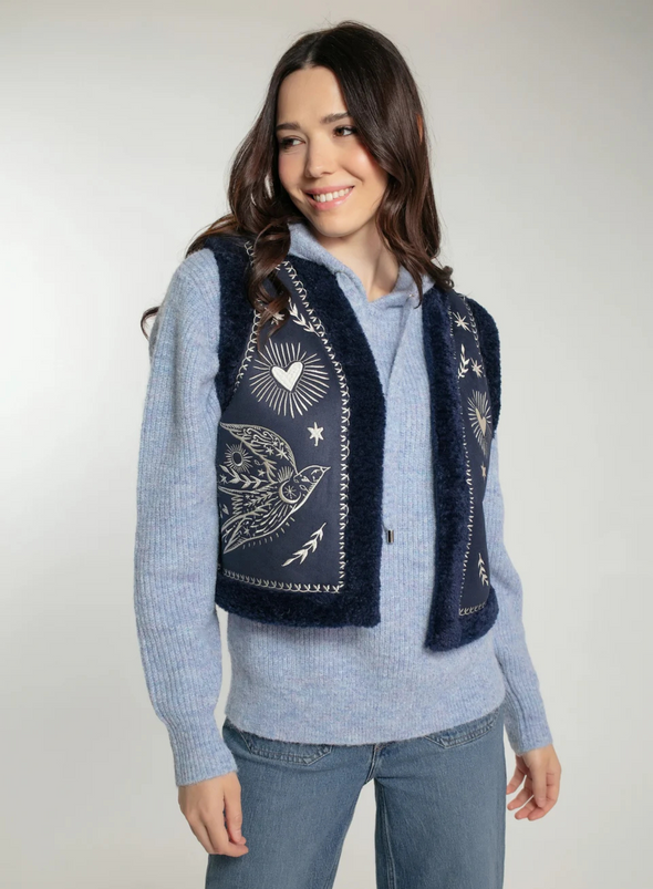 Free Bird Embroidered Faux Shearling Gilet in Navy from Nooki