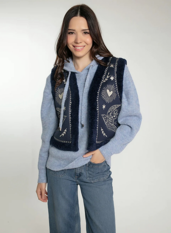 Free Bird Embroidered Faux Shearling Gilet in Navy from Nooki