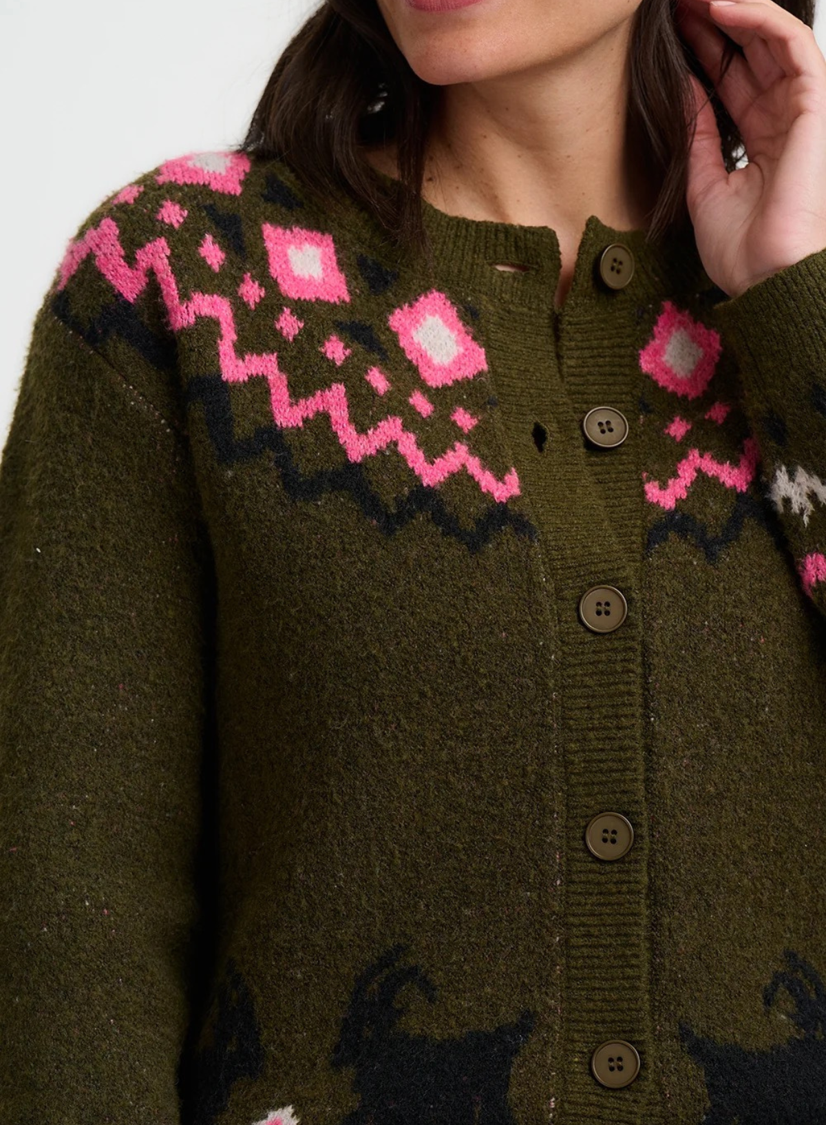 SugarhillI Olana Cardigan in Olive Goat Meadow Fairisle