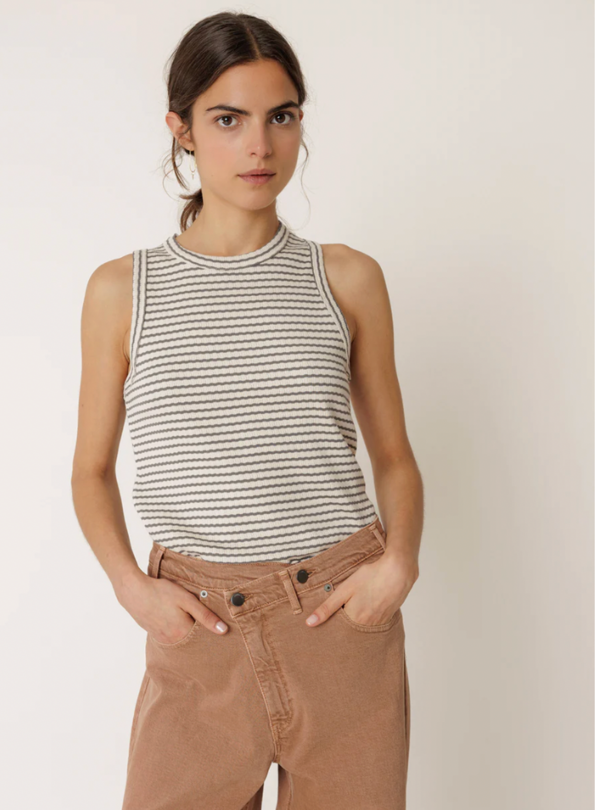 Indi & Cold Striped Ribbed Halter Tee in Carbon