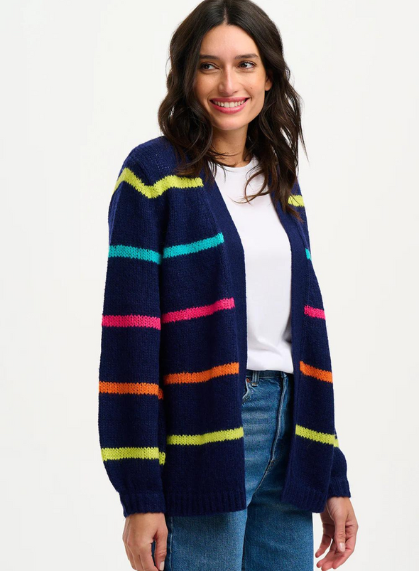 Yvette Cardigan in Navy Bright Lines from Sugarhill