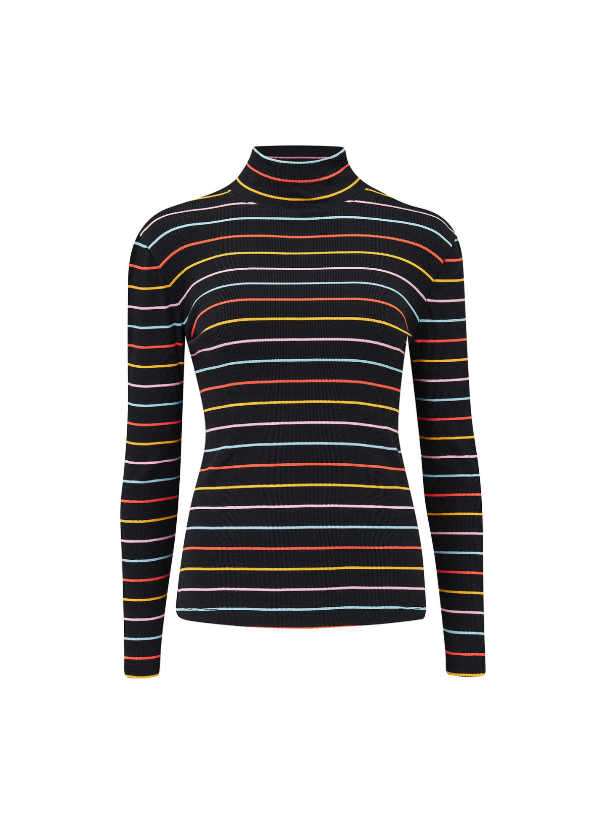 Emmy Turtleneck Jersey Rib Top in Black/Multi, Autumn Rainbow Stripe from Sugarhill