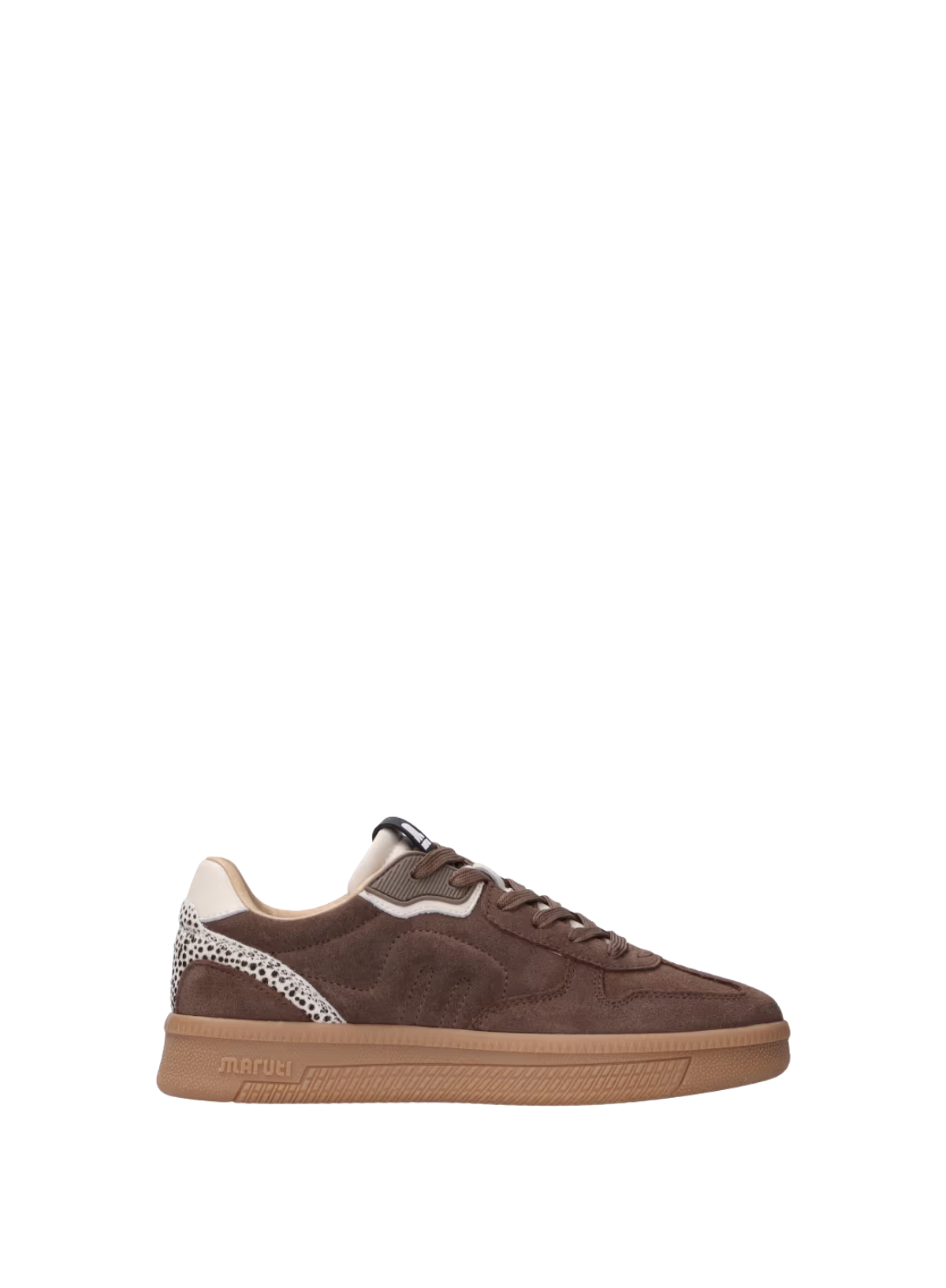 Maruti Yale Brown Suede Almond Pixel Off White Trainers on a white background. Side shot of a single shoe.