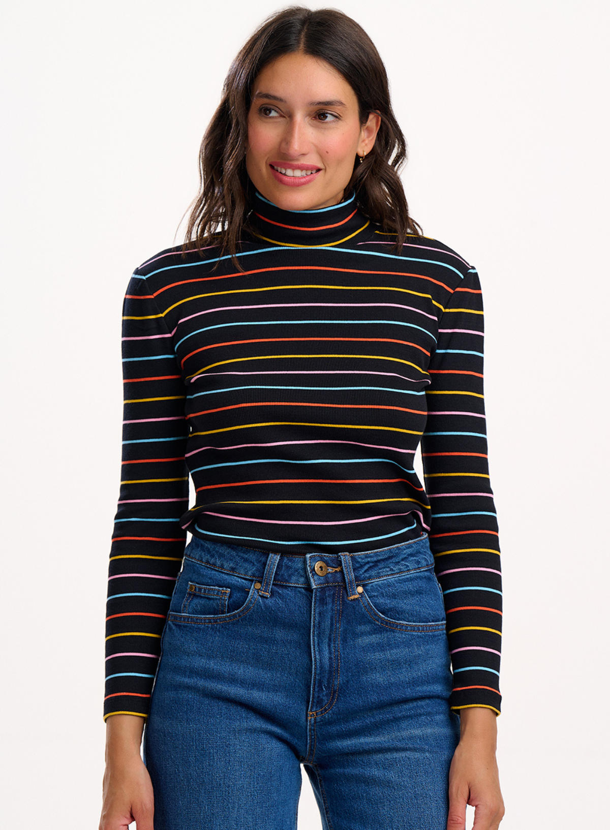 Emmy Turtleneck Jersey Rib Top in Black/Multi, Autumn Rainbow Stripe from Sugarhill