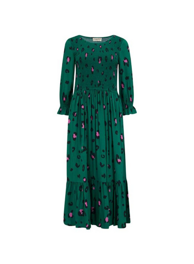 Quill Midi Shirred Dress in Green Colour Pop Leopard from Sugarhill