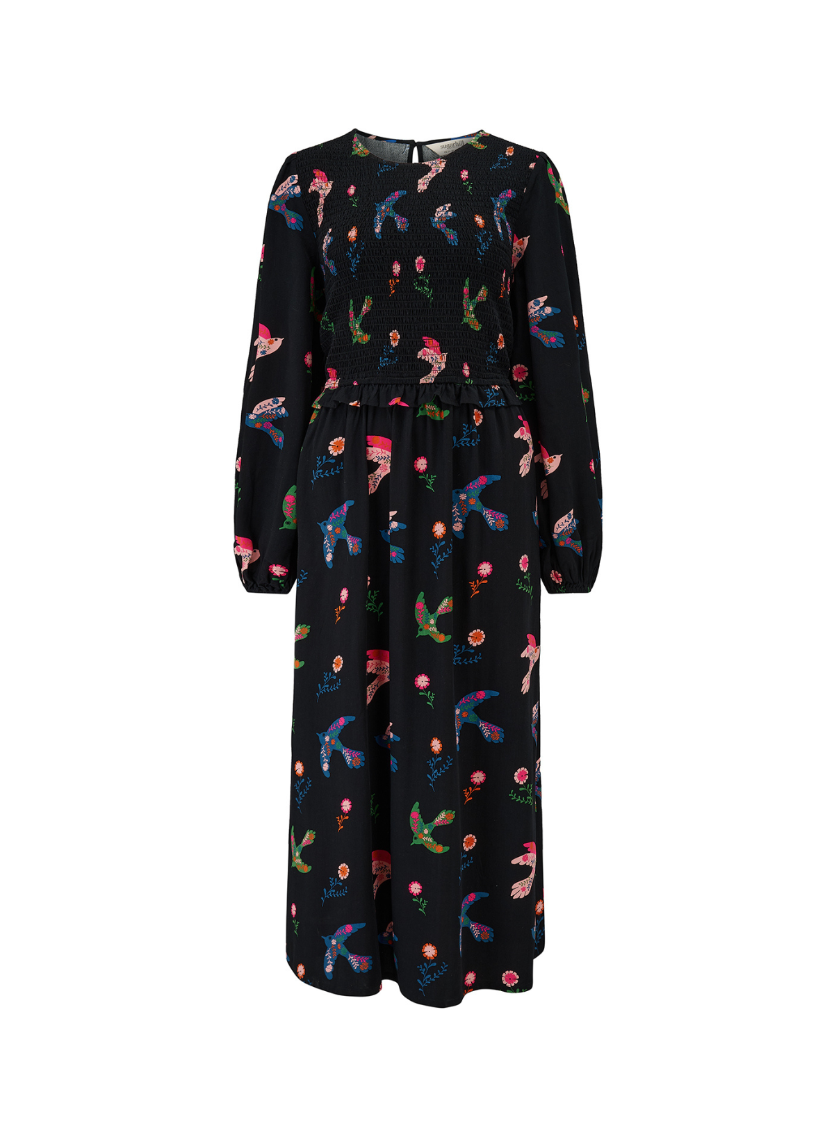 Darcie Shirred Midi Dress in Black, Rainbow Folk Bird from Sugarhill