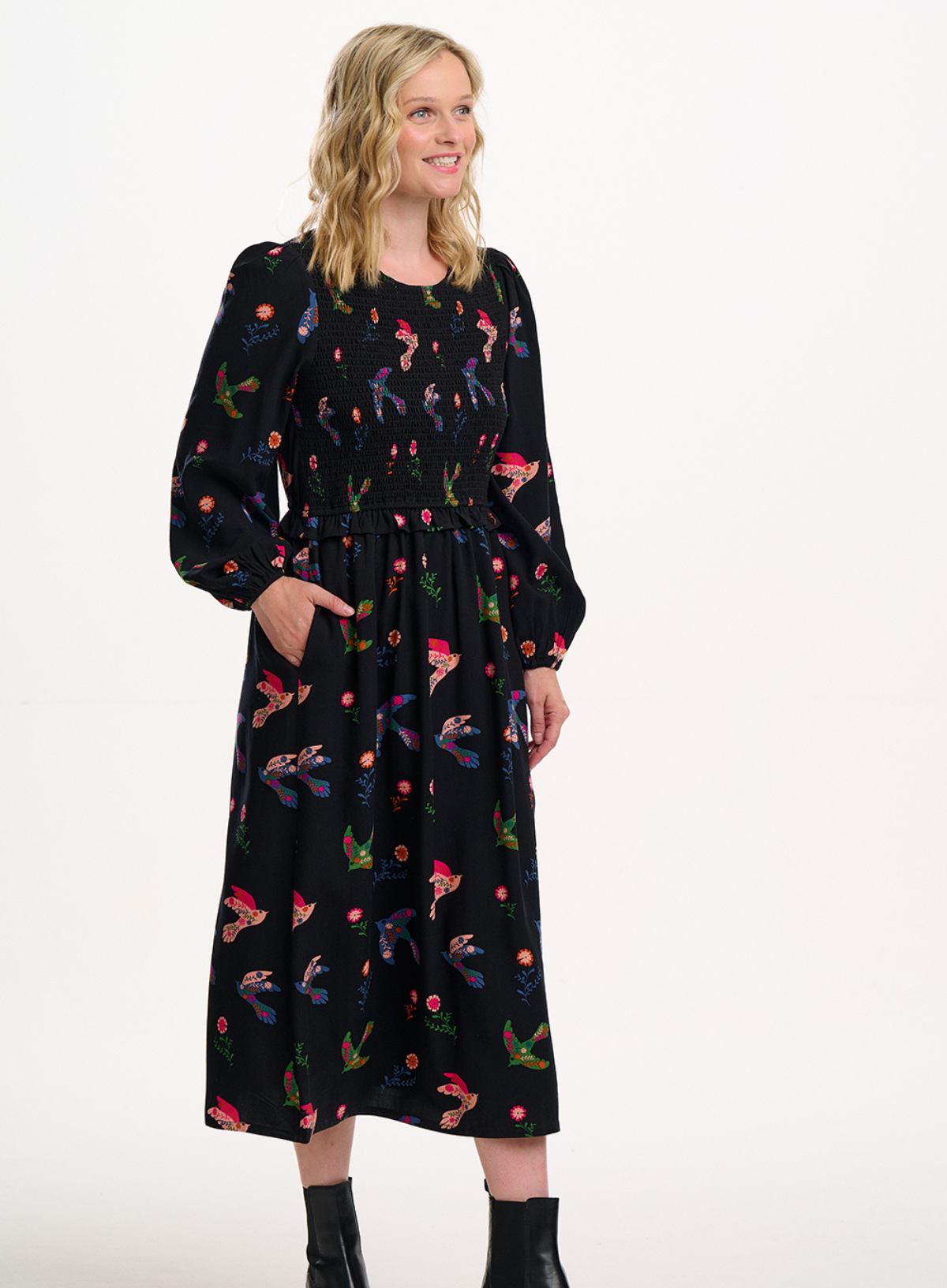 Darcie Shirred Midi Dress in Black, Rainbow Folk Bird from Sugarhill