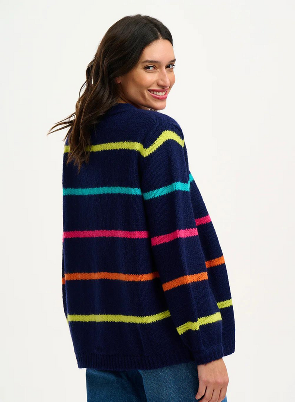 Yvette Cardigan in Navy Bright Lines from Sugarhill