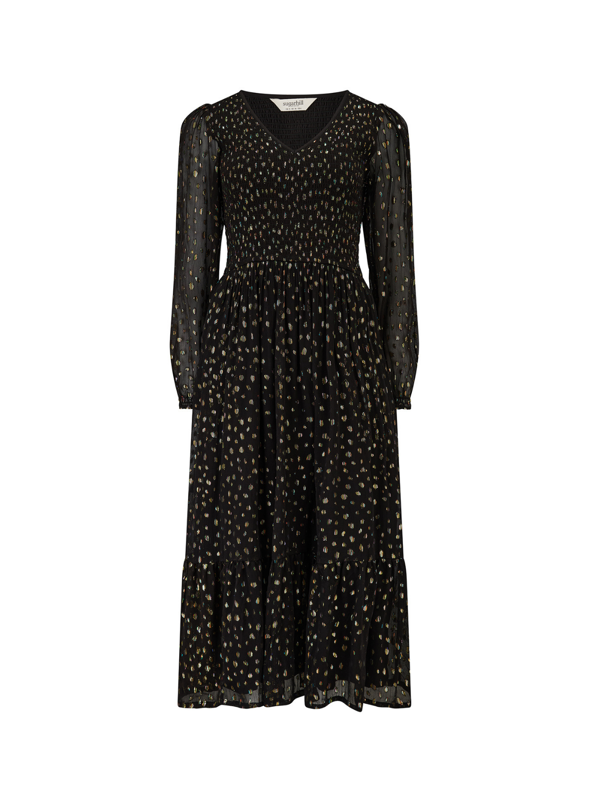Sugarhill Brighton Jacqueline Shirred Black Midi Dress with Metallic Spots