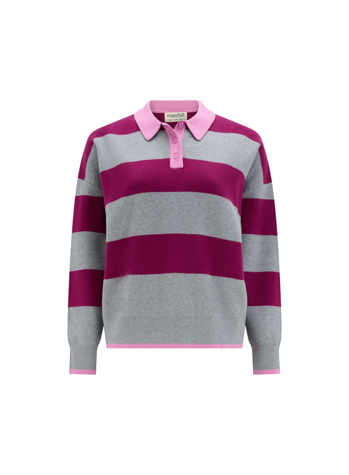 Sugarhill Lana Henley Jumper in Grey Marl/Dark Magenta Pink