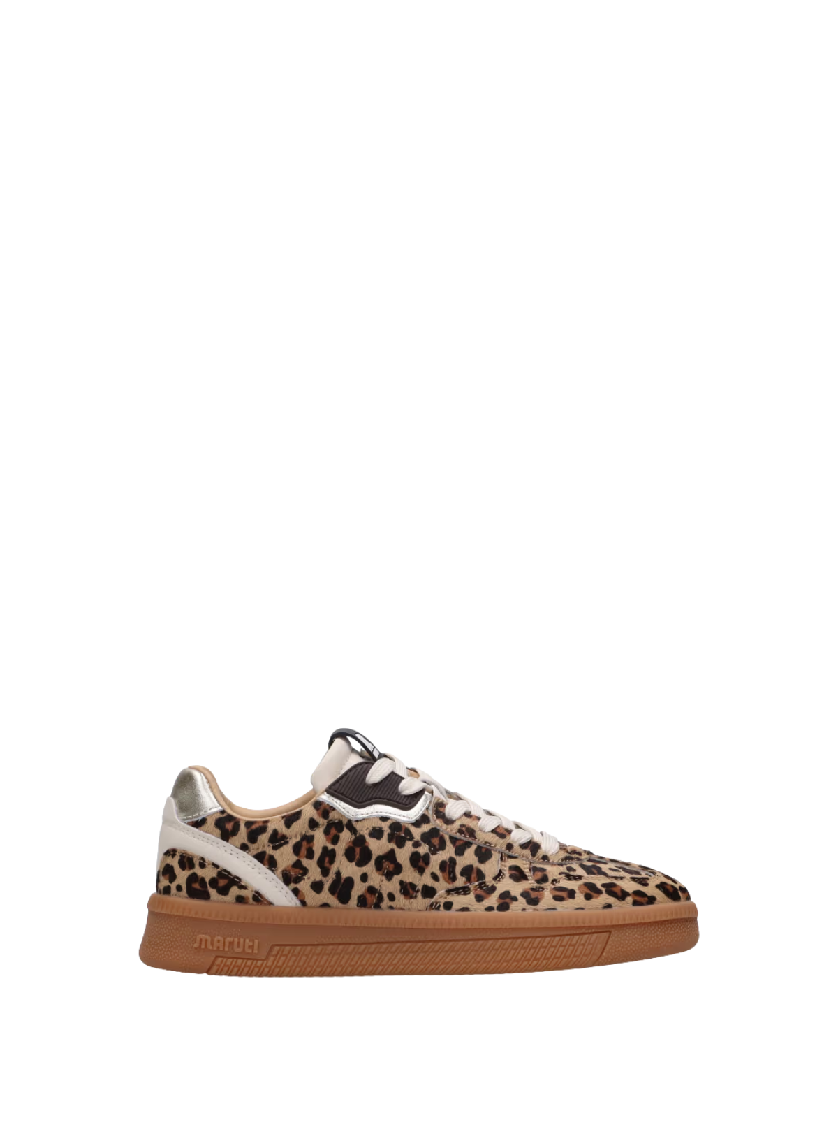 Maruti Yale Hairon Tan Leopard Trainers with brown sole on a white background. Side profile of single shoe.