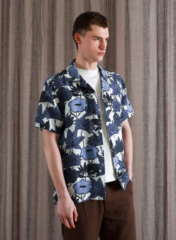 Selleck S/S Shirt Flower Collage Print in Navy Iris from Far Afield