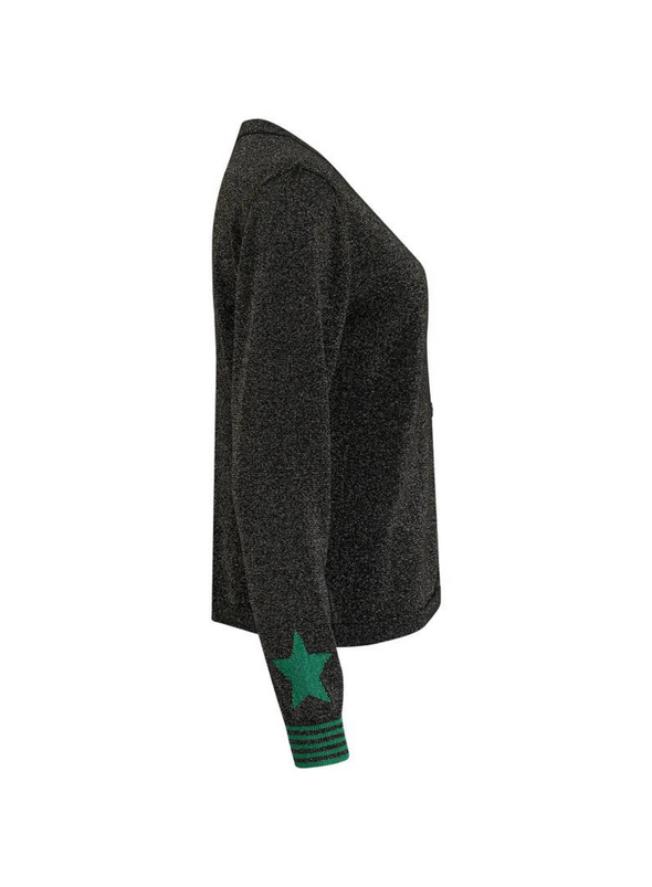 Arya Cardigan in Black, Green Star Cuff from Sugarhill