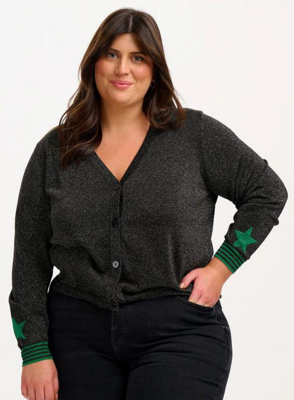 Arya Cardigan in Black, Green Star Cuff from Sugarhill