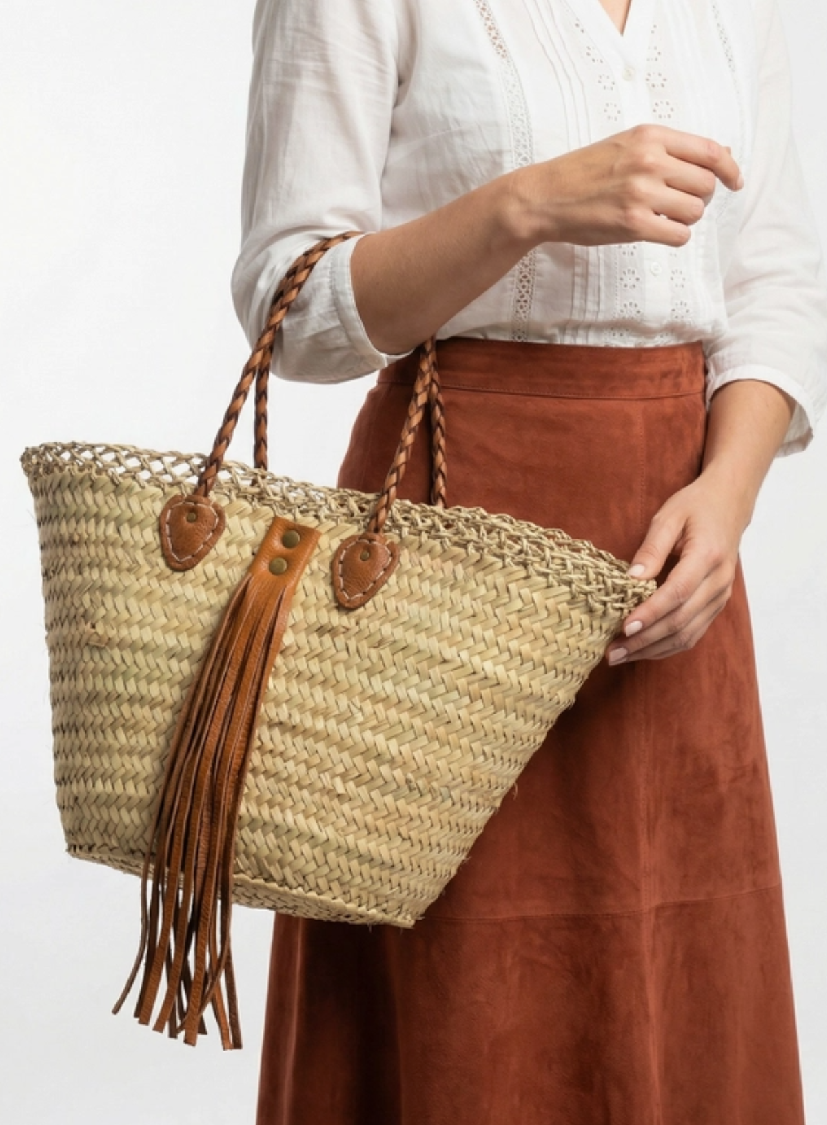 Melecraft Straw Market Tote with Braided Handles & Tassel
