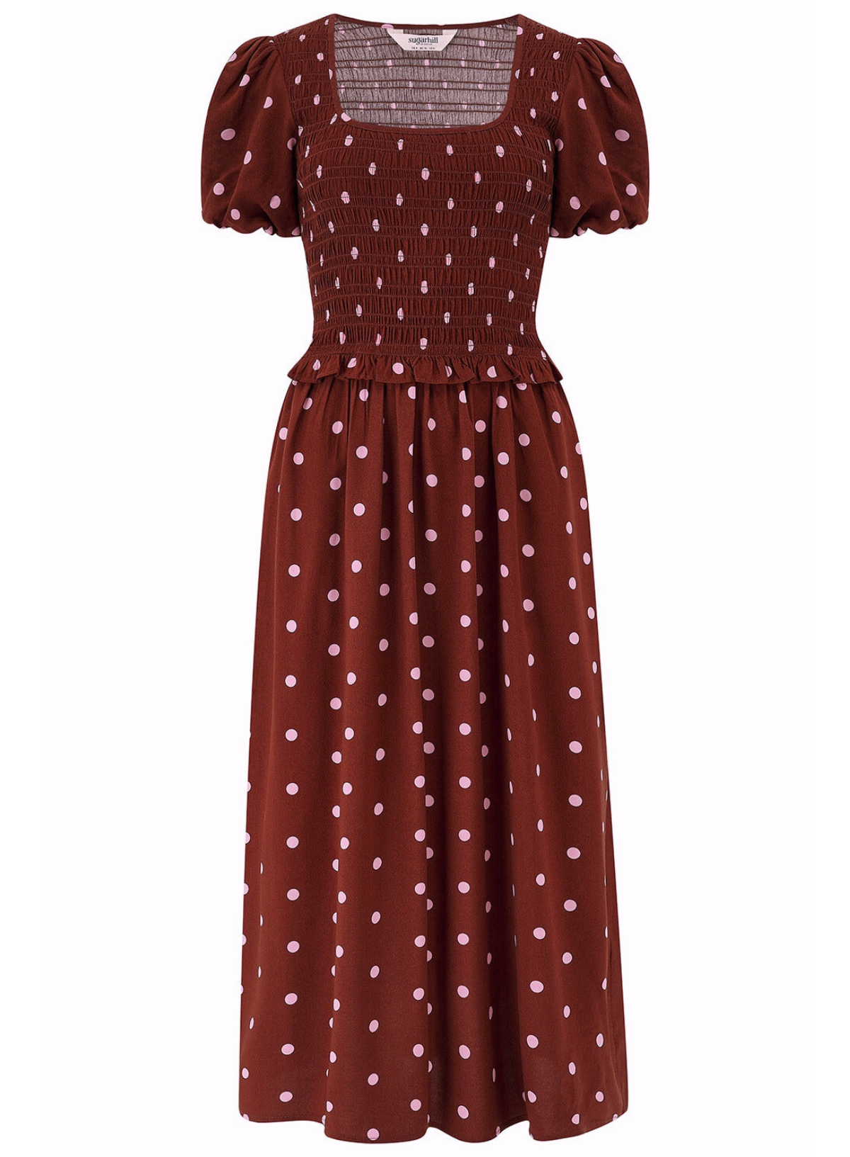 Sugarhill Lyra Shirred Midi Dress in Brown and Pink Polka