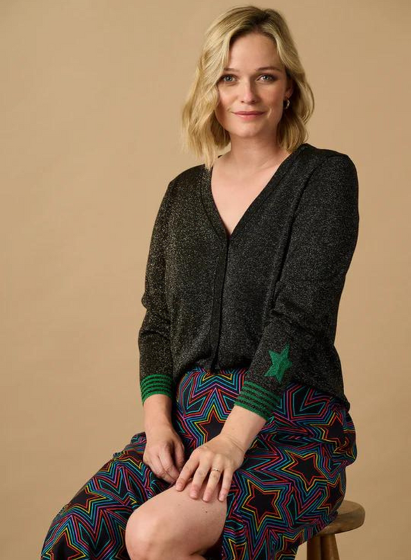 Arya Cardigan in Black, Green Star Cuff from Sugarhill