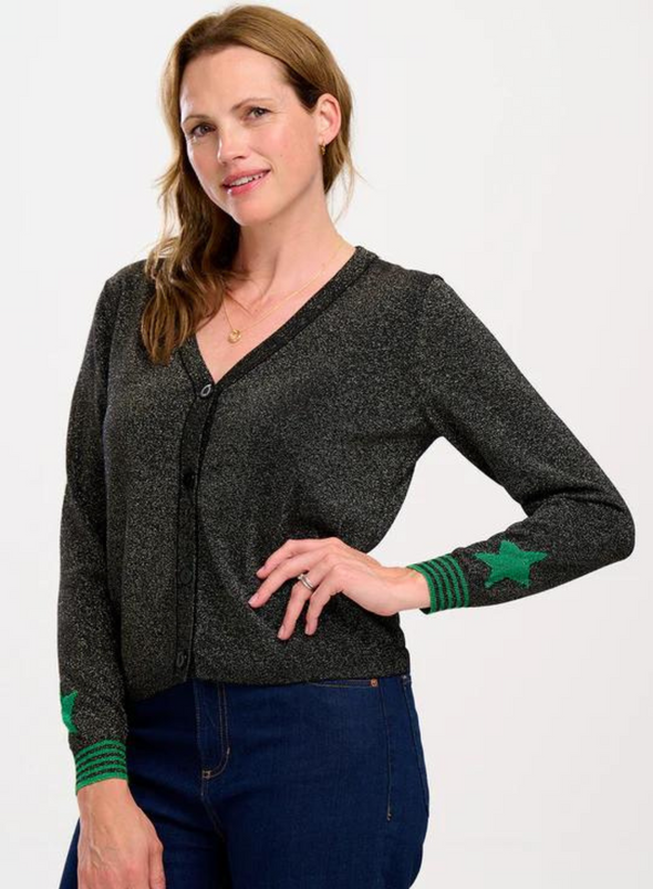 Arya Cardigan in Black, Green Star Cuff from Sugarhill