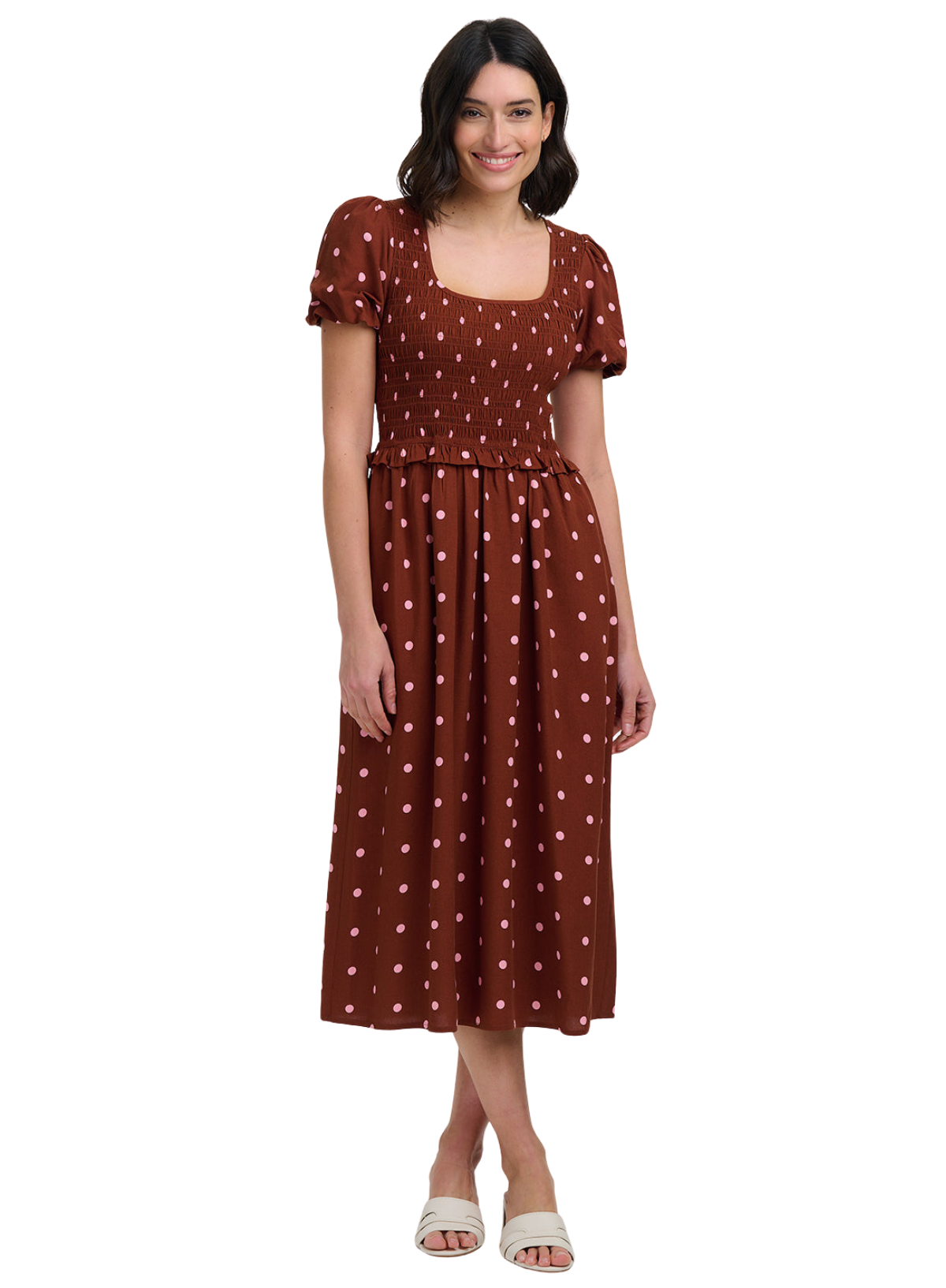Sugarhill Lyra Shirred Midi Dress in Brown and Pink Polka