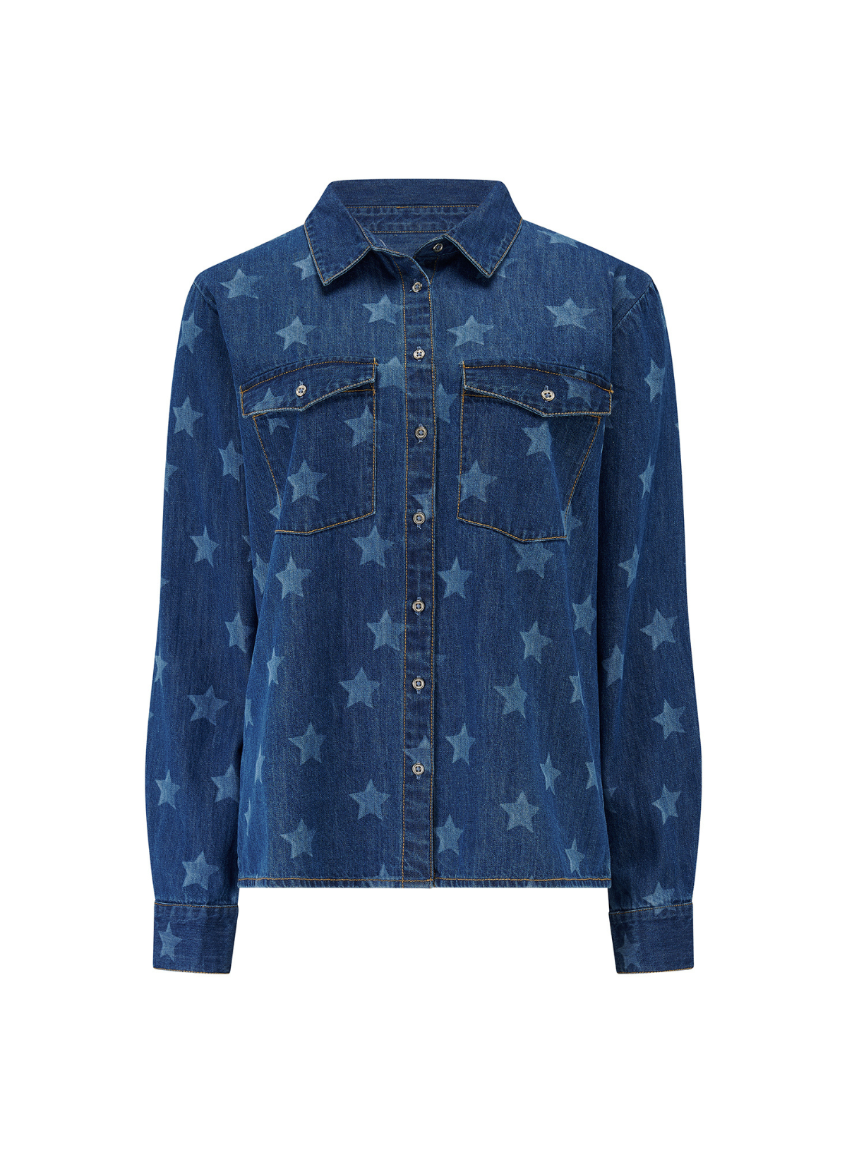 Sugarhill Brighton Alexia Shirt in Mid Blue Denim, Bleached Stars