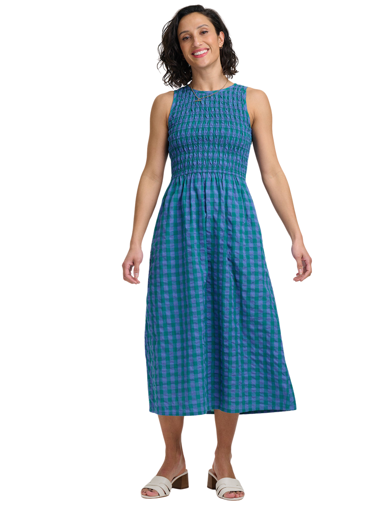 Sugarhill Sian Shirred Midi Dress in Blue and Green Peacock
