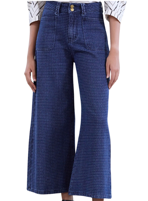 Jacquard Texture Denim Palazzo Trousers in Delph Blue from Skatïe