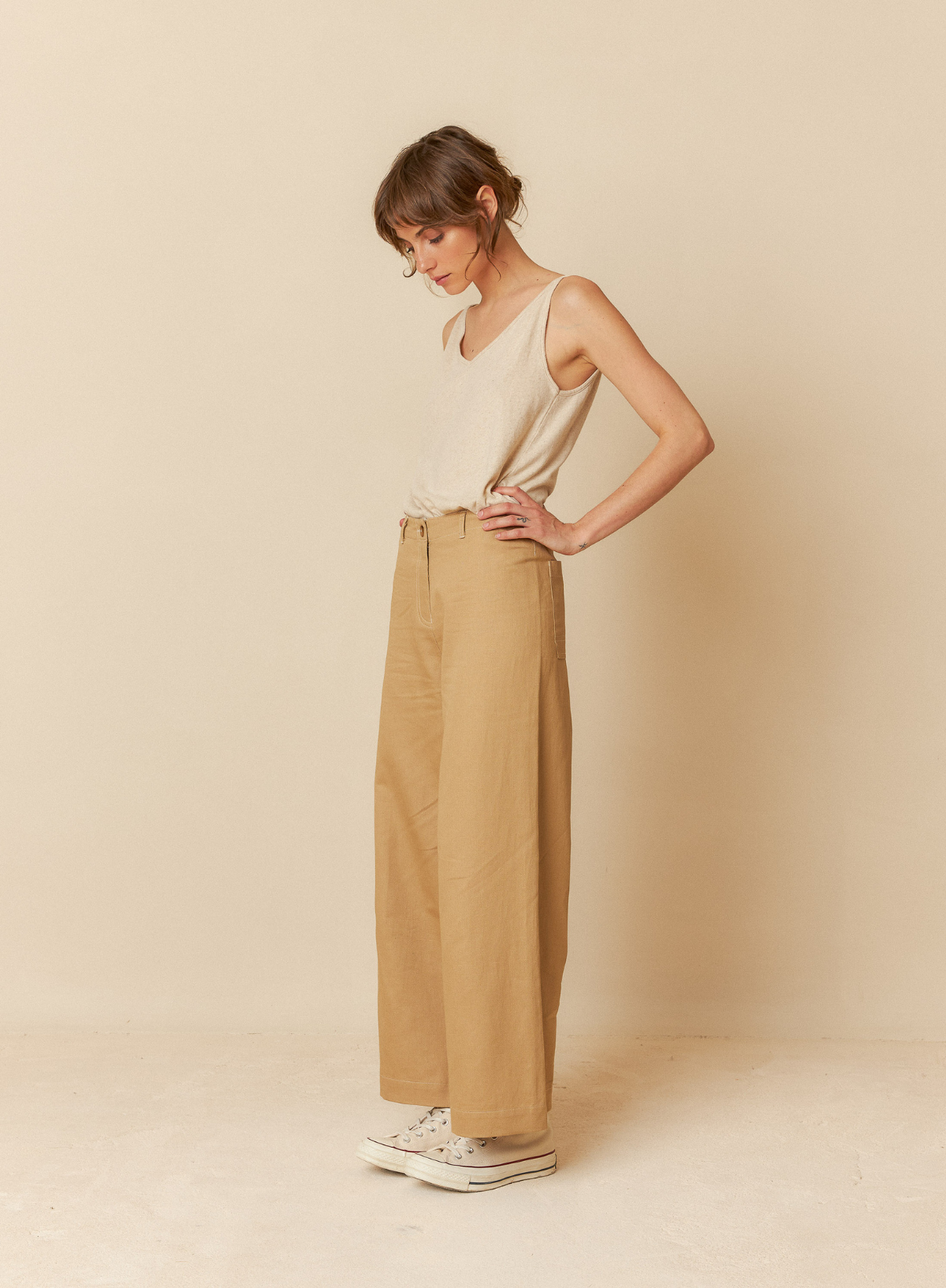 Wide Leg Trousers in Beige from Indi & Cold