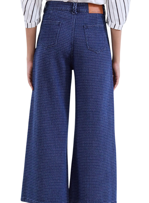 Jacquard Texture Denim Palazzo Trousers in Delph Blue from Skatïe
