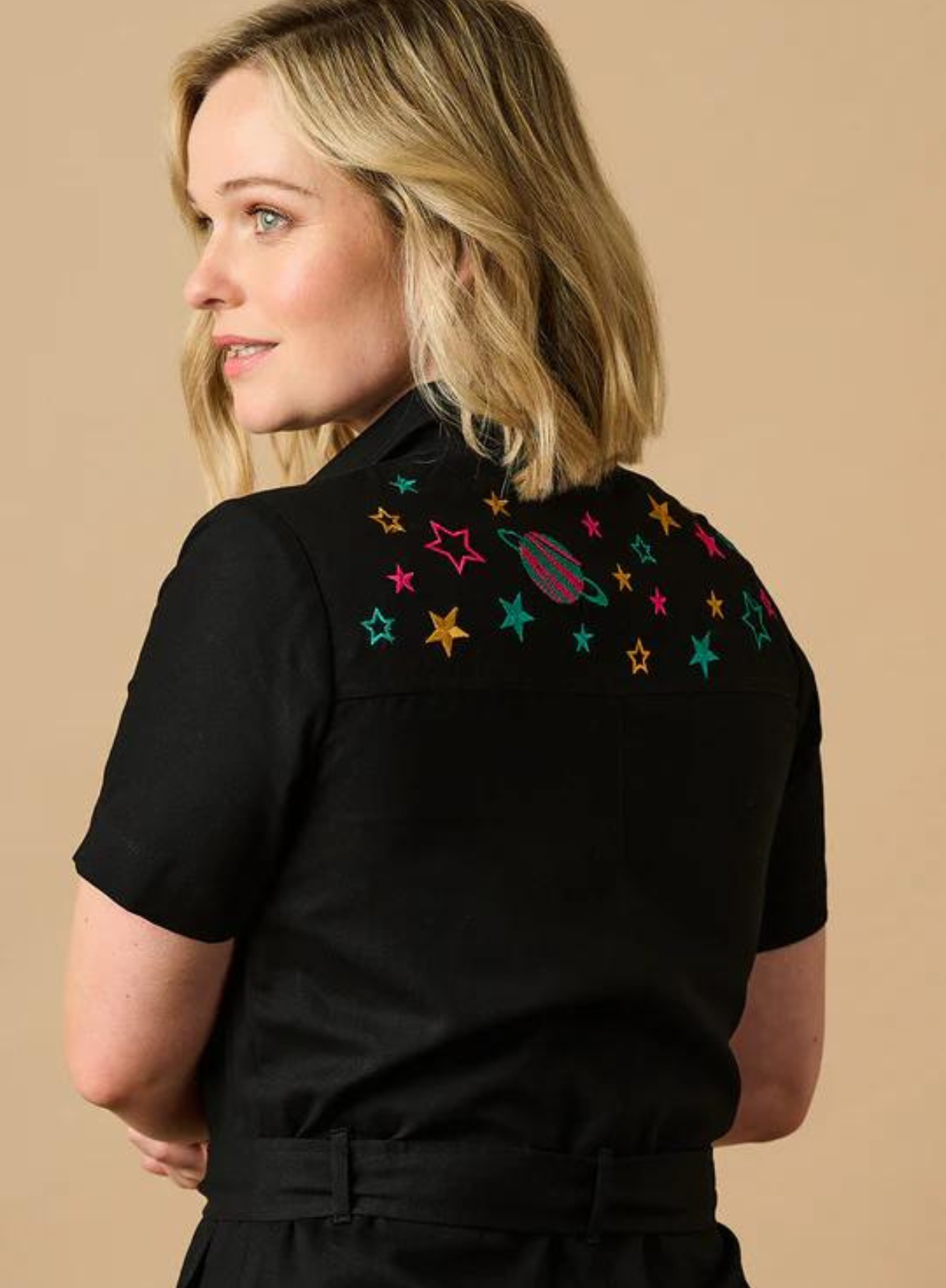 Billy Boilersuit in Black Outer Space Embroidery from Sugarhill
