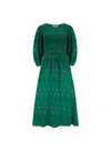 Gretel Shirred Midi Dress in Green Rainbow Shadow Polka from Sugarhill