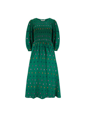 Gretel Shirred Midi Dress in Green Rainbow Shadow Polka from Sugarhill