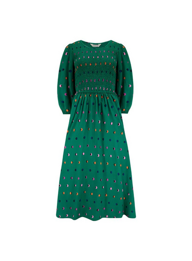 Gretel Shirred Midi Dress in Green Rainbow Shadow Polka from Sugarhill