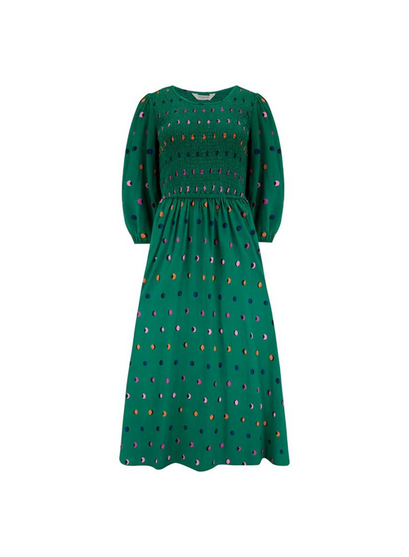 Gretel Shirred Midi Dress in Green Rainbow Shadow Polka from Sugarhill